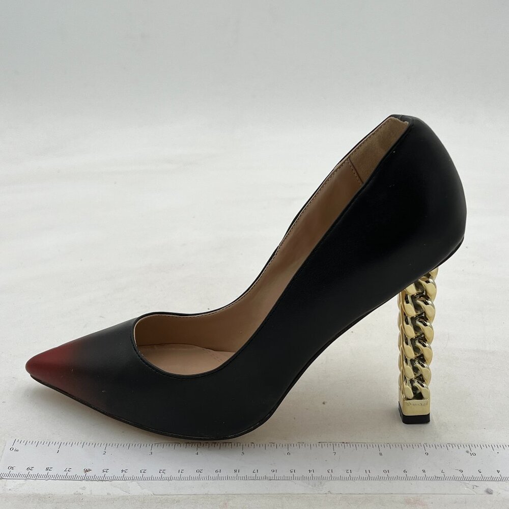 Black Women Gold Metal Chain Chunky High Heel Pointed Toe Slip On Prom Pumps